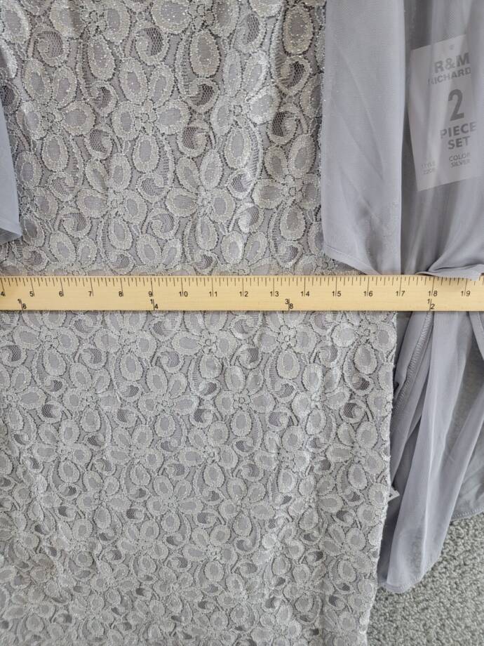 R&M Richards Sheer Lace Glitter Cuff Evening Dress & Jacket Women's 10 Silver