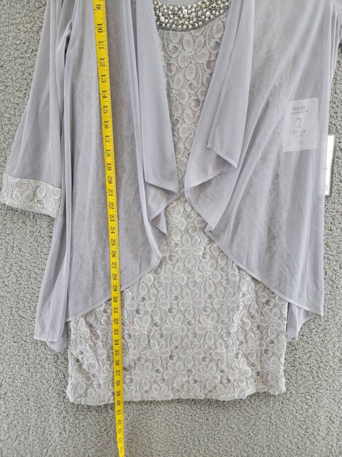 R&M Richards Sheer Lace Glitter Cuff Evening Dress & Jacket Women's 10 Silver