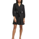 DKNY V-Neck Tie-Front Long-Sleeve Crepe Dress Women's 4 Black Back Zip Closure