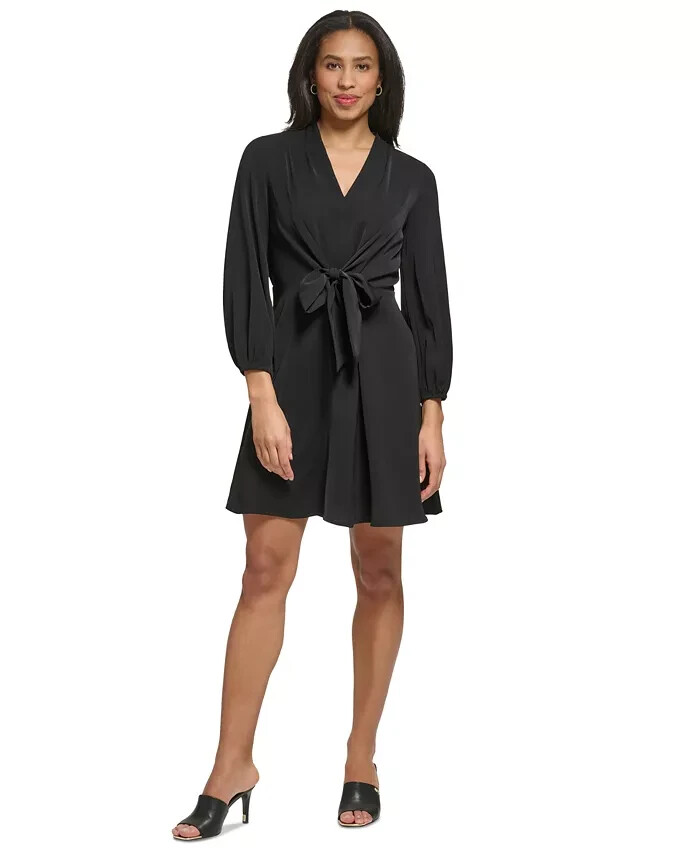 DKNY V-Neck Tie-Front Long-Sleeve Crepe Dress Women's 4 Black Back Zip Closure
