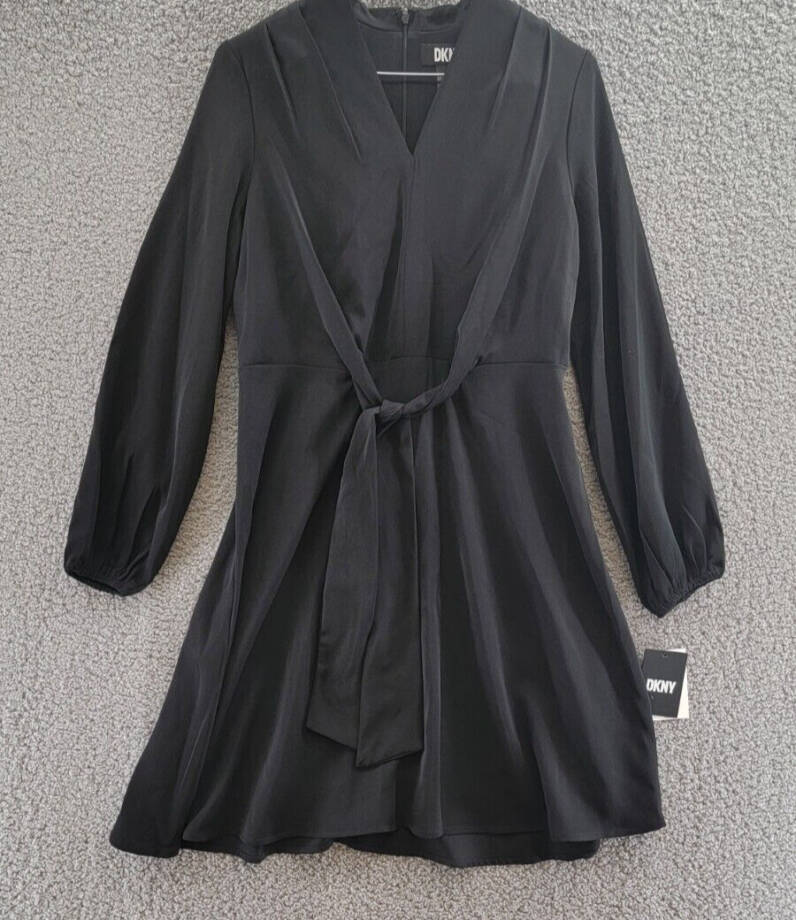 DKNY V-Neck Tie-Front Long-Sleeve Crepe Dress Women's 4 Black Back Zip Closure