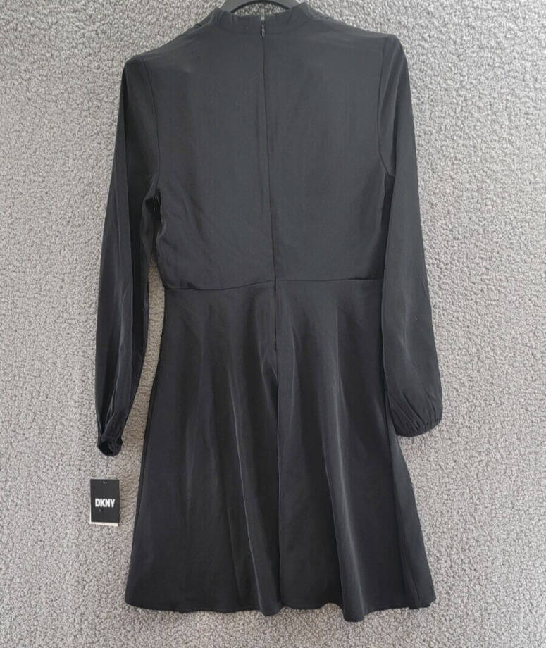 DKNY V-Neck Tie-Front Long-Sleeve Crepe Dress Women's 4 Black Back Zip Closure