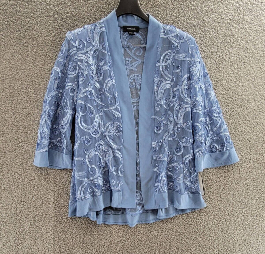 R & M Richards Soutache Open Front 3/4 Sleeve Jacket Women's 14 Dusty Blue