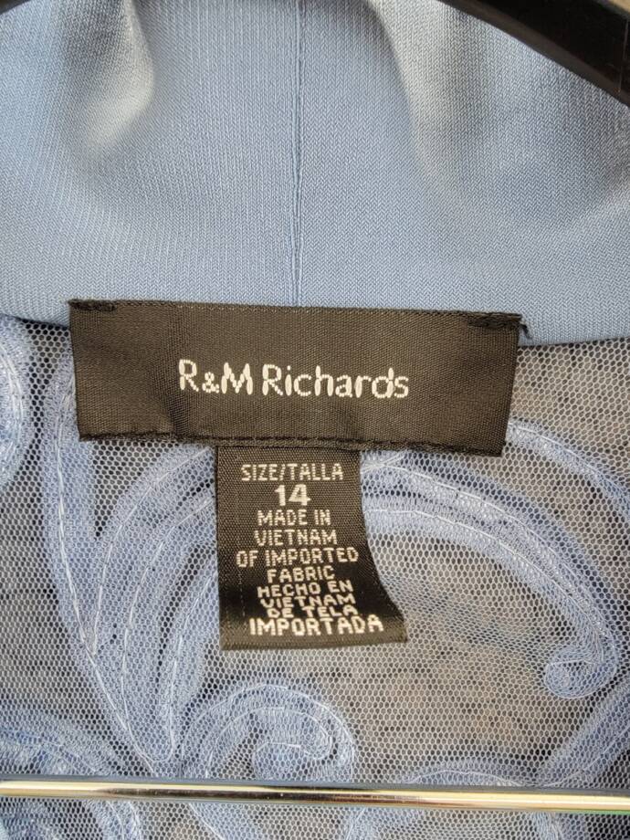 R & M Richards Soutache Open Front 3/4 Sleeve Jacket Women's 14 Dusty Blue