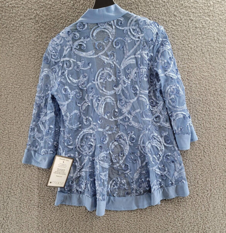 R & M Richards Soutache Open Front 3/4 Sleeve Jacket Women's 14 Dusty Blue