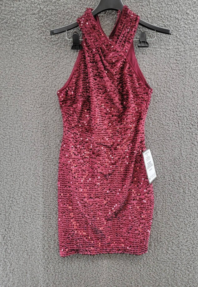 RACHEL Rachel Roy Velvet Sequined Halter Dress Women's S Cabernet Back Zip