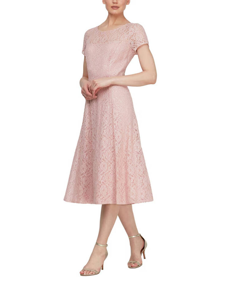 SLNY Sequin Lace Midi Dress Women's 14 Light Pink Illusion Round Neck Button Zip