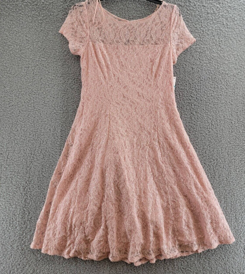SLNY Sequin Lace Midi Dress Women's 14 Light Pink Illusion Round Neck Button Zip