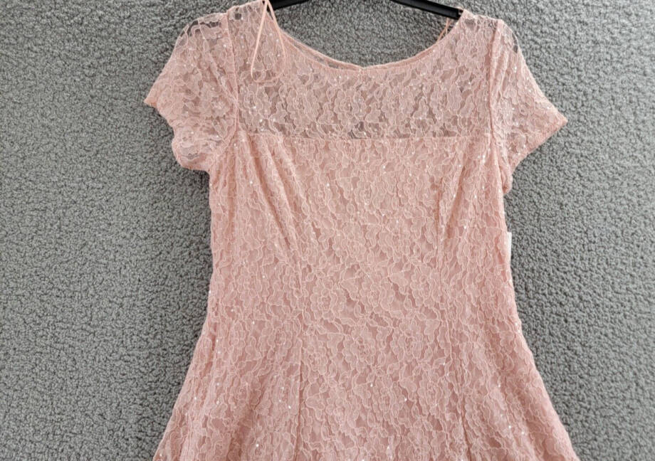 SLNY Sequin Lace Midi Dress Women's 14 Light Pink Illusion Round Neck Button Zip