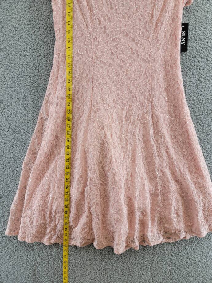 SLNY Sequin Lace Midi Dress Women's 14 Light Pink Illusion Round Neck Button Zip