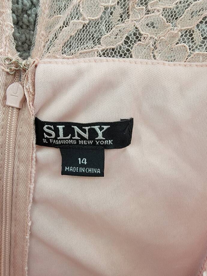 SLNY Sequin Lace Midi Dress Women's 14 Light Pink Illusion Round Neck Button Zip
