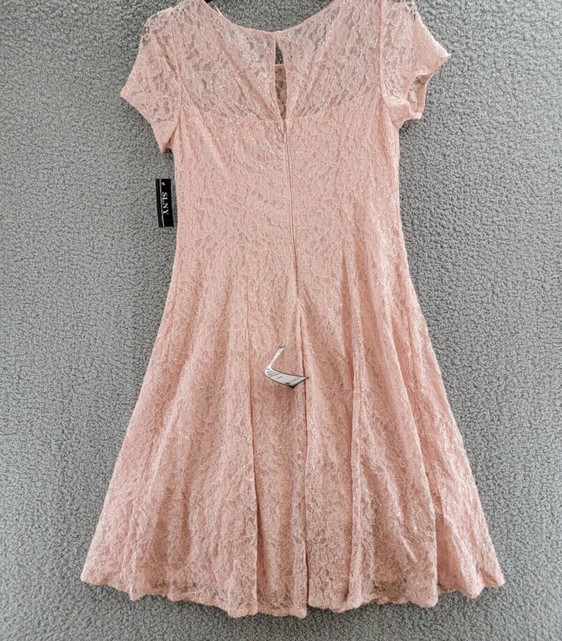 SLNY Sequin Lace Midi Dress Women's 14 Light Pink Illusion Round Neck Button Zip
