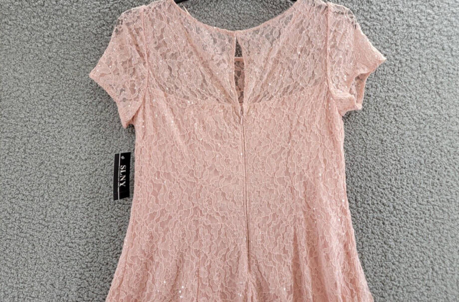 SLNY Sequin Lace Midi Dress Women's 14 Light Pink Illusion Round Neck Button Zip