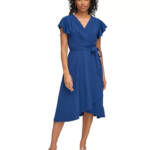 DKNY Flutter-Sleeve Faux-Wrap Dress Women's 2 Blue V-Neck Back Zip Closure S/S