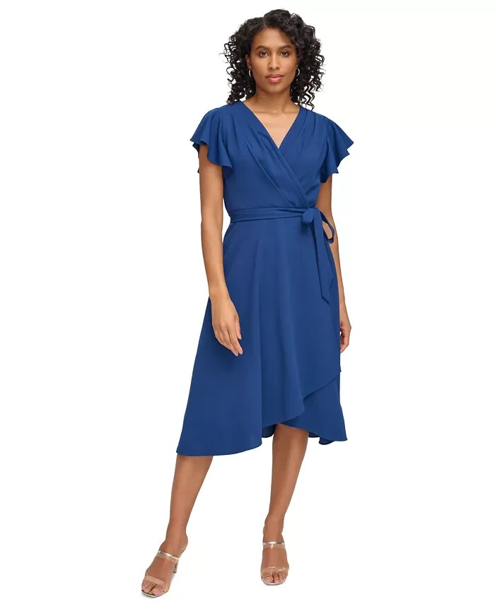 DKNY Flutter-Sleeve Faux-Wrap Dress Women's 2 Blue V-Neck Back Zip Closure S/S