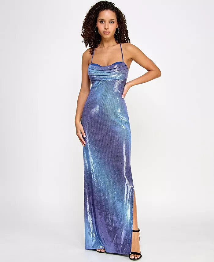 Violet Weekend Strappy Ombré Sequin Gown Juniors' Gradient Blue Lace Zip 3/4
