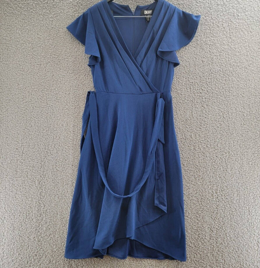 DKNY Flutter-Sleeve Faux-Wrap Dress Women's 2 Blue V-Neck Back Zip Closure S/S