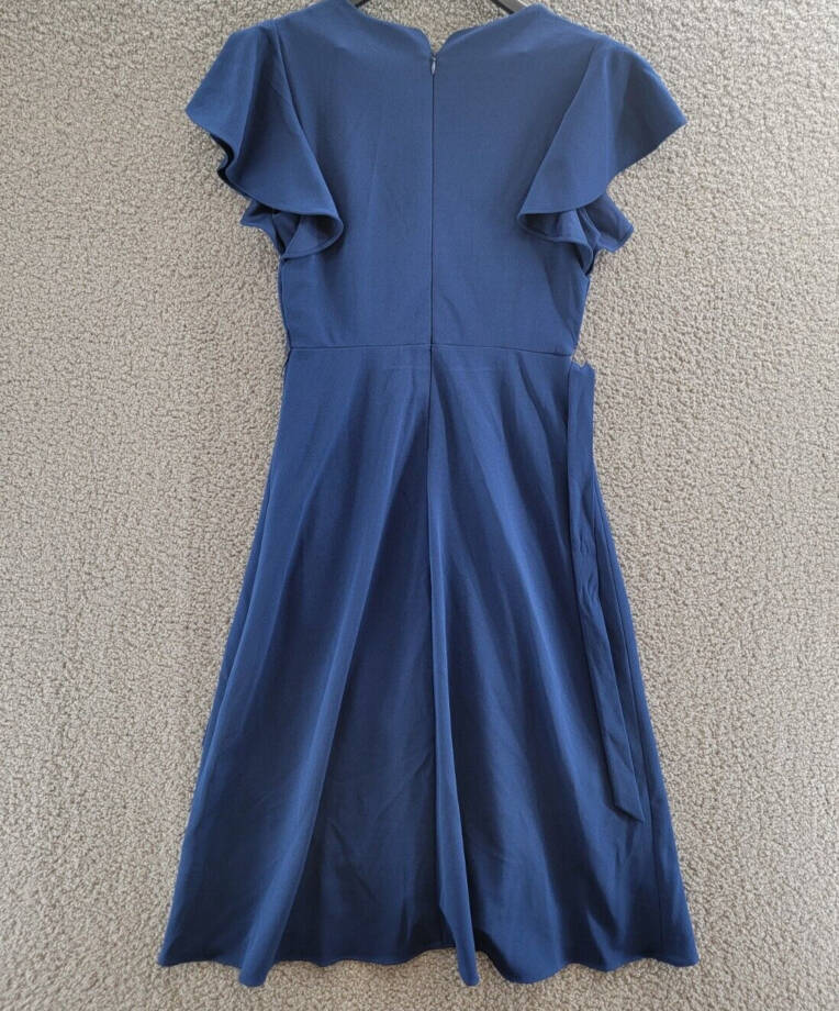 DKNY Flutter-Sleeve Faux-Wrap Dress Women's 2 Blue V-Neck Back Zip Closure S/S