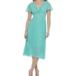 Kensie Pleated Chiffon Midi Dress Women's 8 Aqua Spray Knot Front Pullover S/S