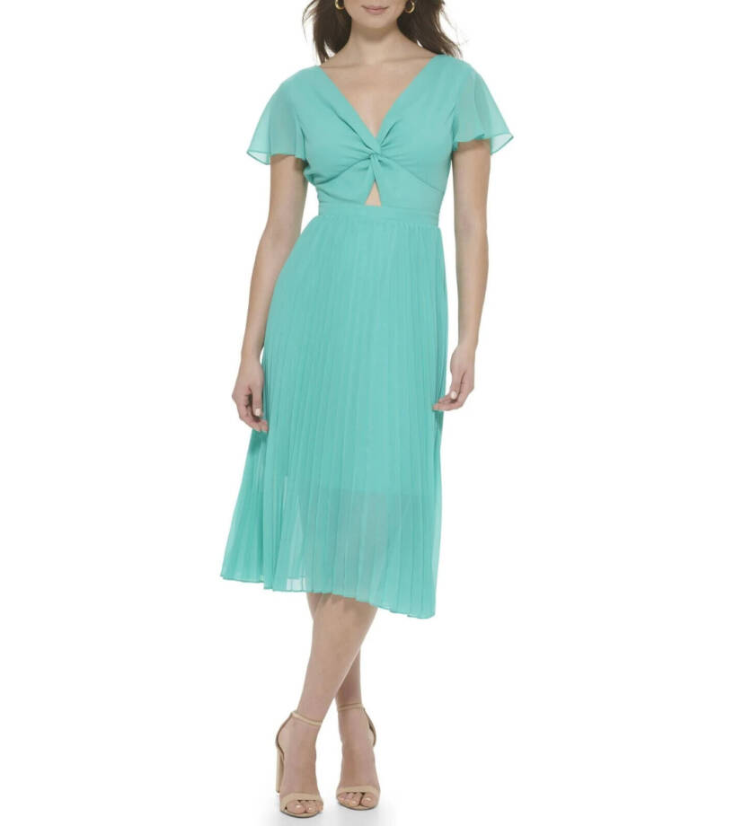 Kensie Pleated Chiffon Midi Dress Women's 8 Aqua Spray Knot Front Pullover S/S