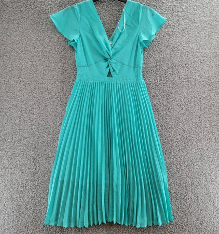 Kensie Pleated Chiffon Midi Dress Women's 8 Aqua Spray Knot Front Pullover S/S