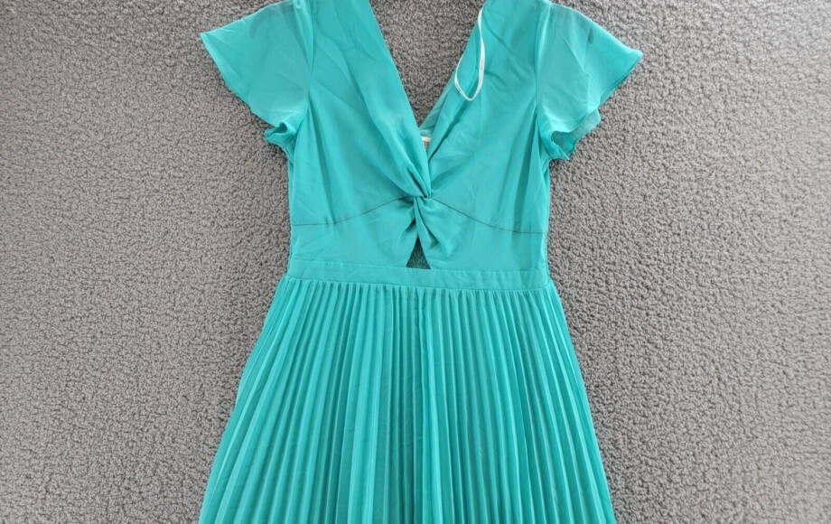 Kensie Pleated Chiffon Midi Dress Women's 8 Aqua Spray Knot Front Pullover S/S