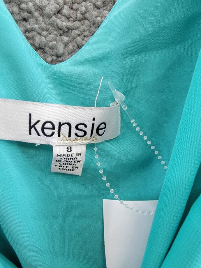 Kensie Pleated Chiffon Midi Dress Women's 8 Aqua Spray Knot Front Pullover S/S