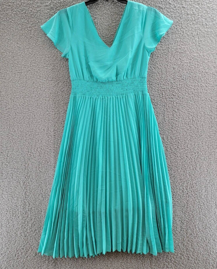 Kensie Pleated Chiffon Midi Dress Women's 8 Aqua Spray Knot Front Pullover S/S