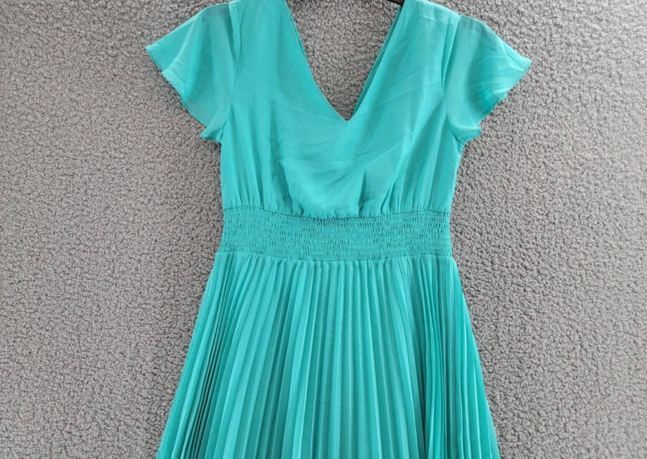 Kensie Pleated Chiffon Midi Dress Women's 8 Aqua Spray Knot Front Pullover S/S