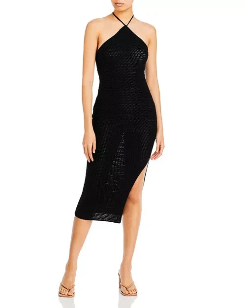 Aqua Crochet Halter Dress Women's M Black Solid Side Slit Sleeveless Tie Closure