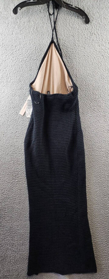 Aqua Crochet Halter Dress Women's M Black Solid Side Slit Sleeveless Tie Closure