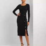 Lauren Ralph Lauren Belted Rib-Knit Dress Womens 12 Black Round Neck Long Sleeve