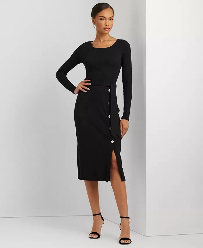 Lauren Ralph Lauren Belted Rib-Knit Dress Womens 12 Black Round Neck Long Sleeve