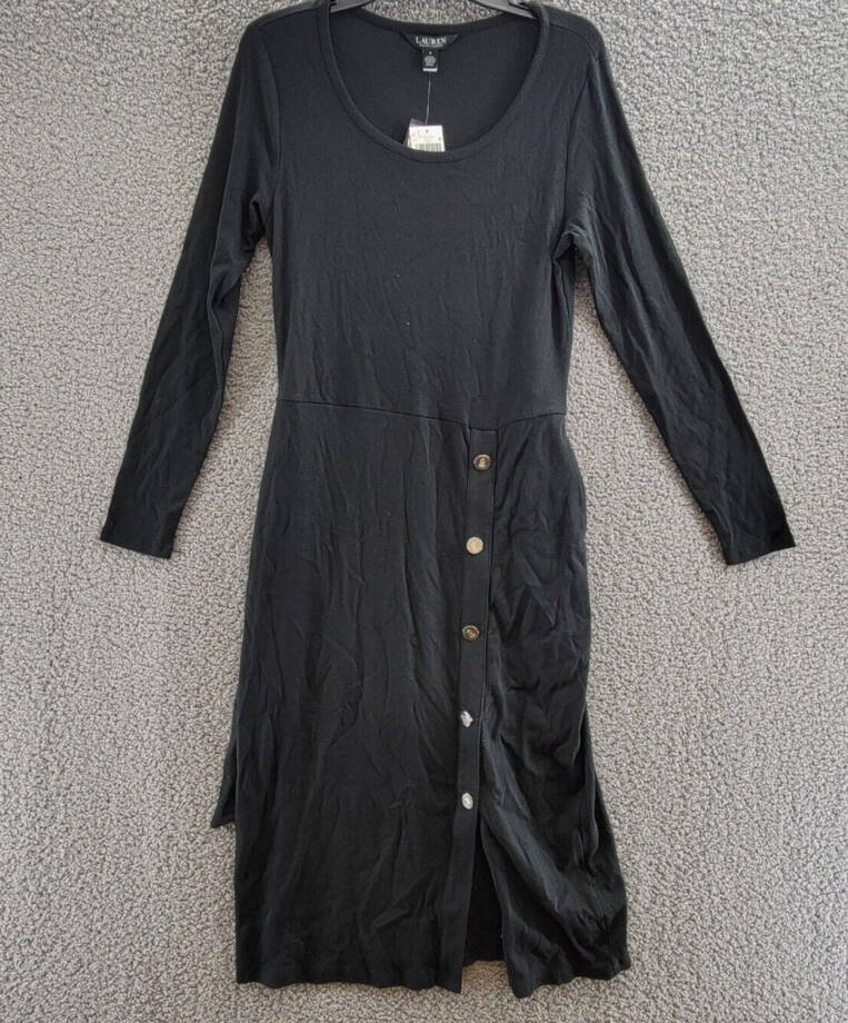 Lauren Ralph Lauren Belted Rib-Knit Dress Womens 12 Black Round Neck Long Sleeve