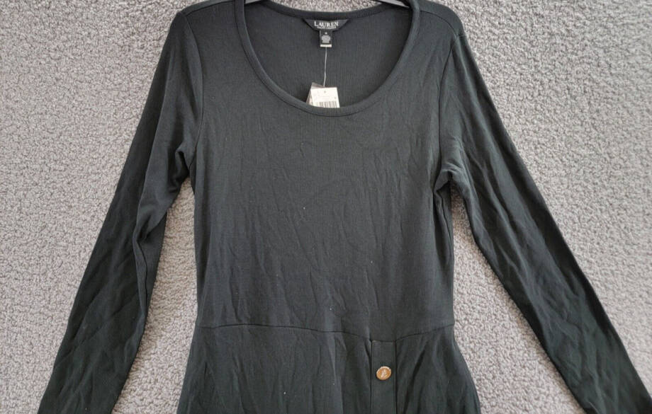 Lauren Ralph Lauren Belted Rib-Knit Dress Womens 12 Black Round Neck Long Sleeve