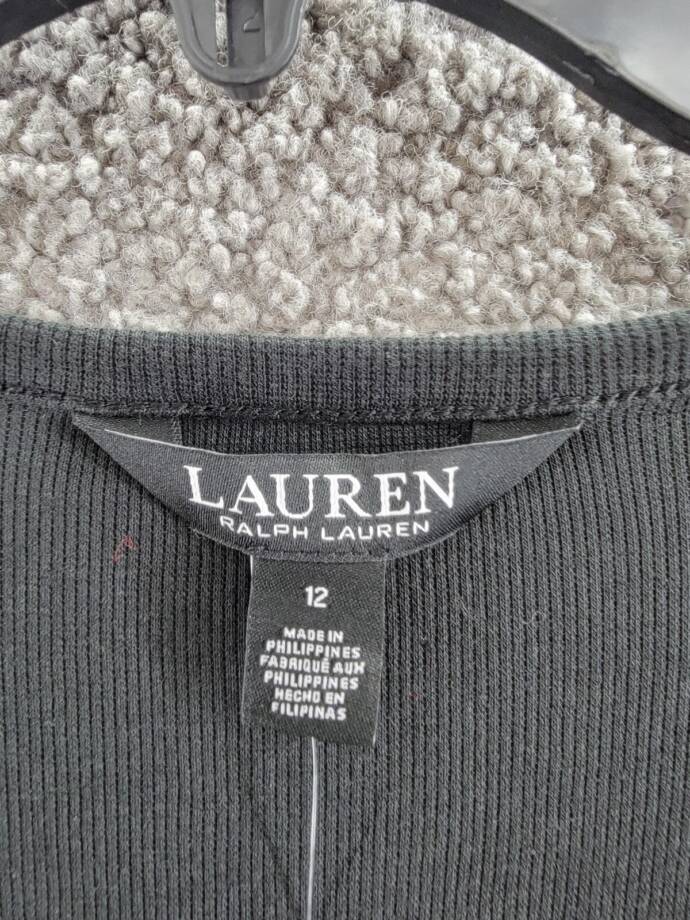 Lauren Ralph Lauren Belted Rib-Knit Dress Womens 12 Black Round Neck Long Sleeve