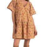 Elan Printed V-Neck Mini Dress Women's XS Gold Folkfloral Short Sleeve Pullover