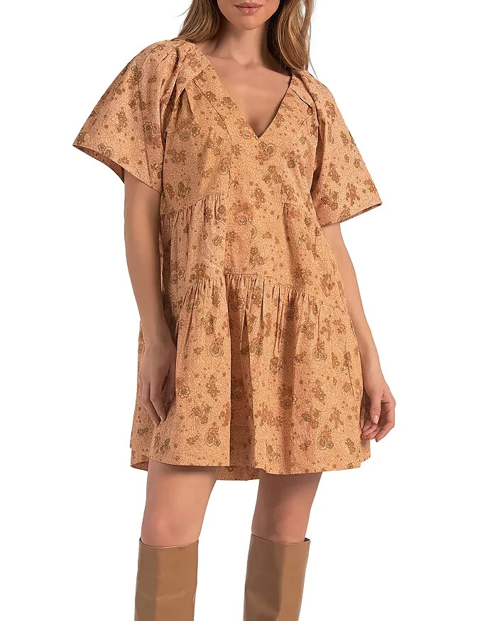 Elan Printed V-Neck Mini Dress Women's XS Gold Folkfloral Short Sleeve Pullover