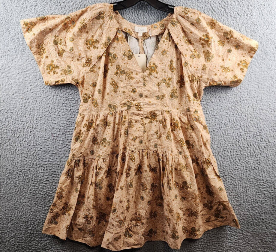 Elan Printed V-Neck Mini Dress Women's XS Gold Folkfloral Short Sleeve Pullover