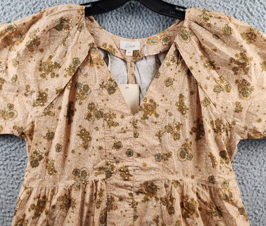 Elan Printed V-Neck Mini Dress Women's XS Gold Folkfloral Short Sleeve Pullover