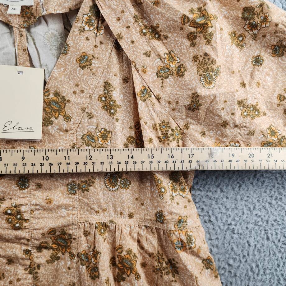 Elan Printed V-Neck Mini Dress Women's XS Gold Folkfloral Short Sleeve Pullover