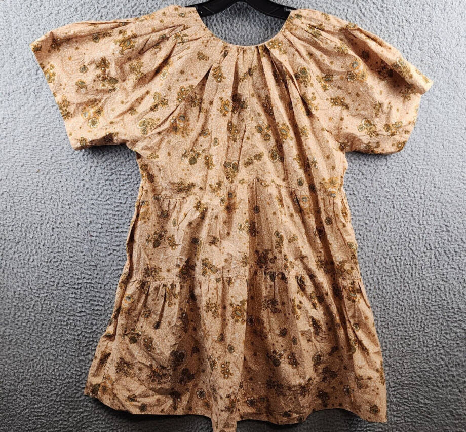 Elan Printed V-Neck Mini Dress Women's XS Gold Folkfloral Short Sleeve Pullover