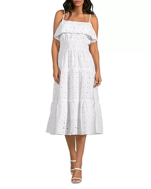 Elan Eyelet Sleeveless Tiered Midi Dress Women's XS White Back Zip Closure