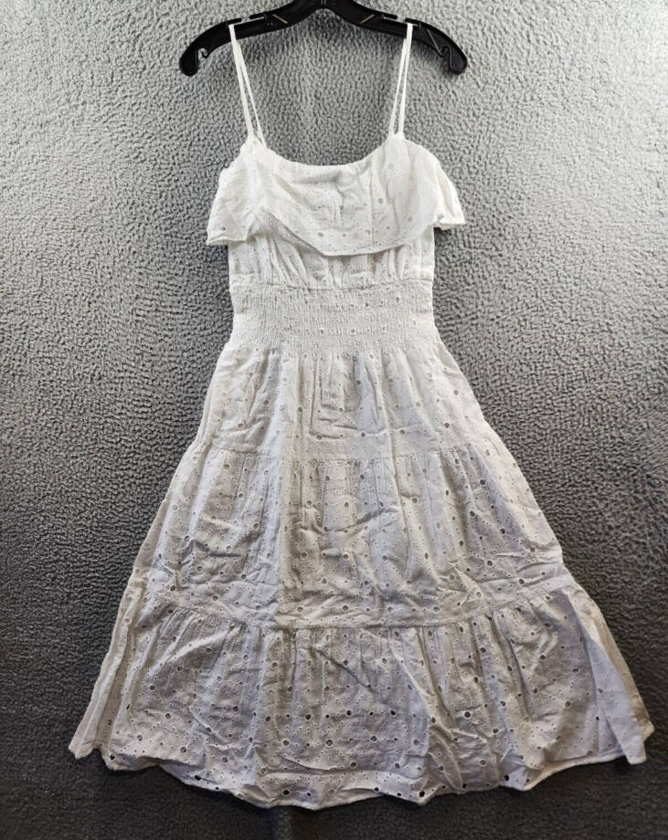 Elan Eyelet Sleeveless Tiered Midi Dress Women's XS White Back Zip Closure