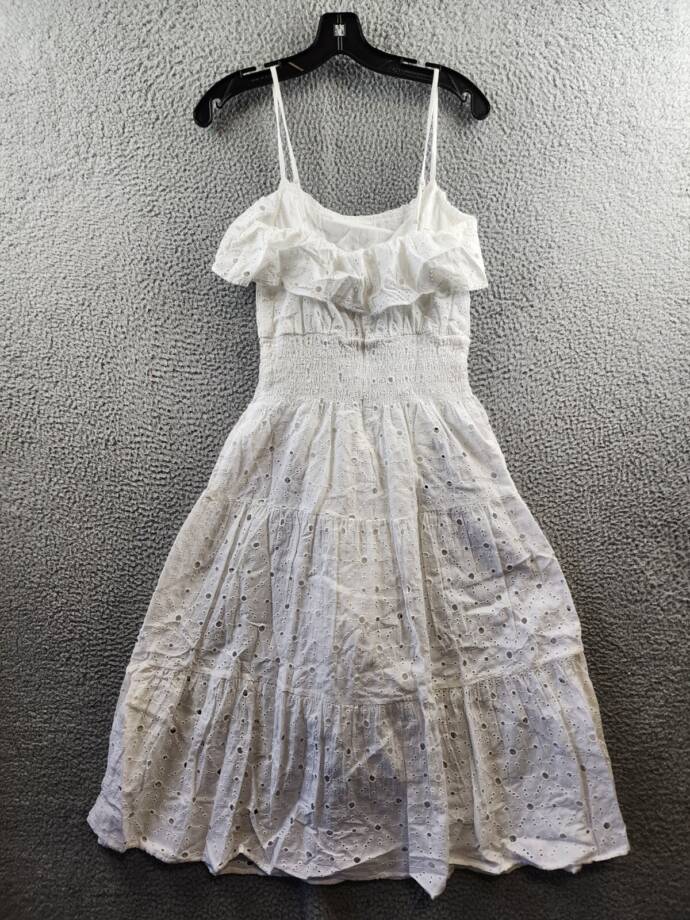 Elan Eyelet Sleeveless Tiered Midi Dress Women's XS White Back Zip Closure