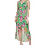 GUESS Printed Cutout Asymmetric-Hem Dress Women's 10 Green Multi Back Zipper