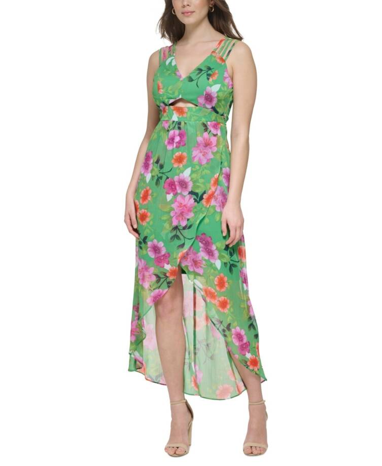 GUESS Printed Cutout Asymmetric-Hem Dress Women's 10 Green Multi Back Zipper