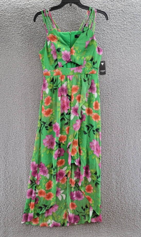 GUESS Printed Cutout Asymmetric-Hem Dress Women's 10 Green Multi Back Zipper