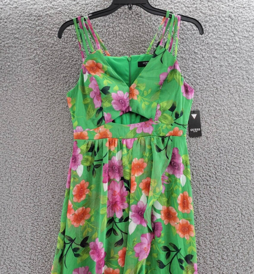 GUESS Printed Cutout Asymmetric-Hem Dress Women's 10 Green Multi Back Zipper
