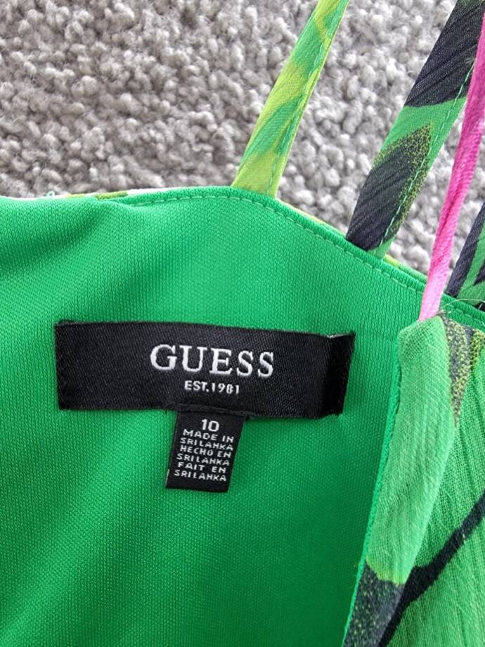 GUESS Printed Cutout Asymmetric-Hem Dress Women's 10 Green Multi Back Zipper